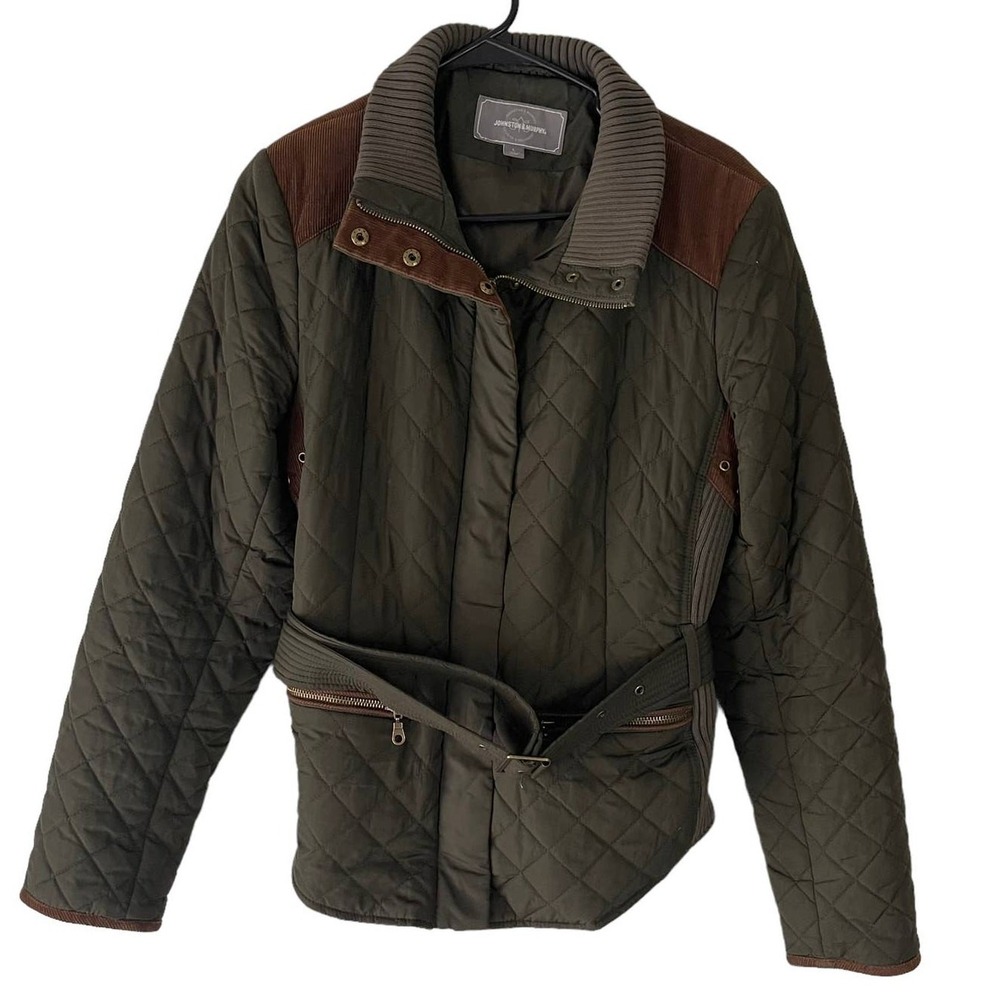 Johnston & Murphy Womens Quilted Field Jacket Olive Green Belted Corduroy Large